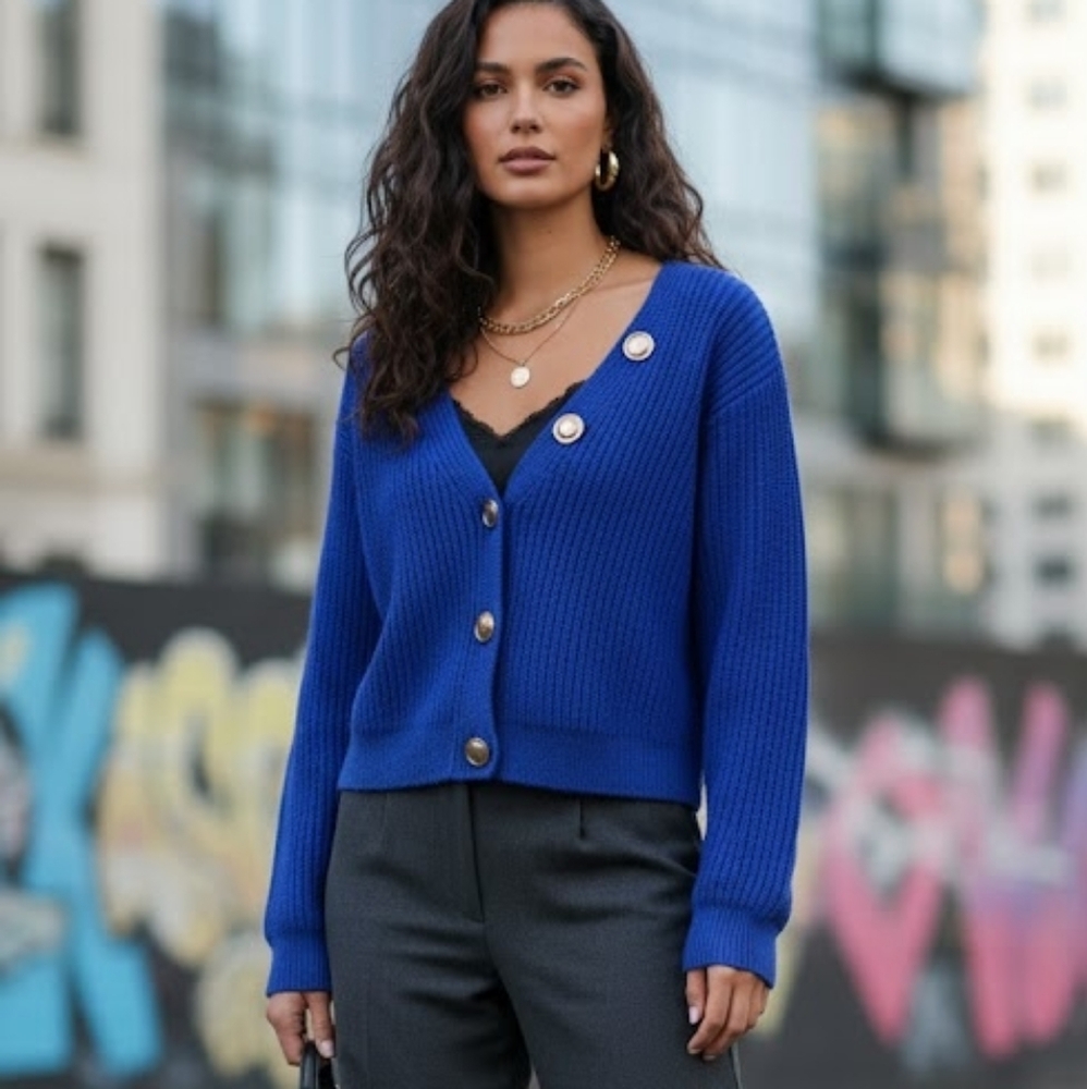 b+ab Wool Blend Blue Knit Cardigan Gold Buttons Size XS